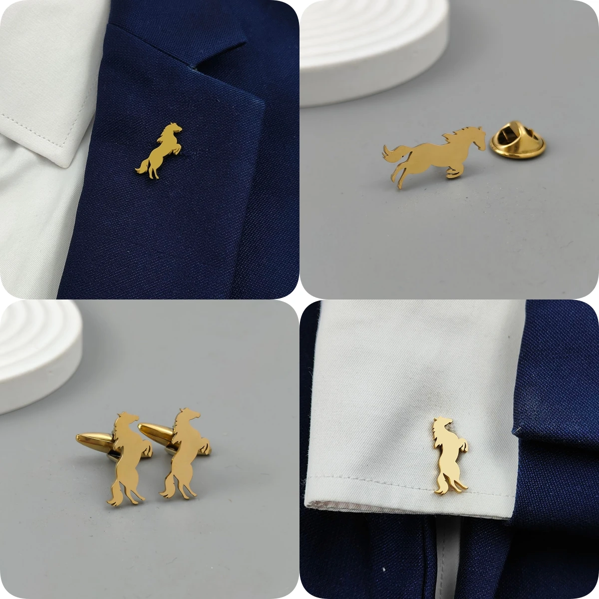 18K Gold Running Horse Lapel Pin Cufflinks Set 316L Stainless Steel Men Suit Formal Accessories Brooch