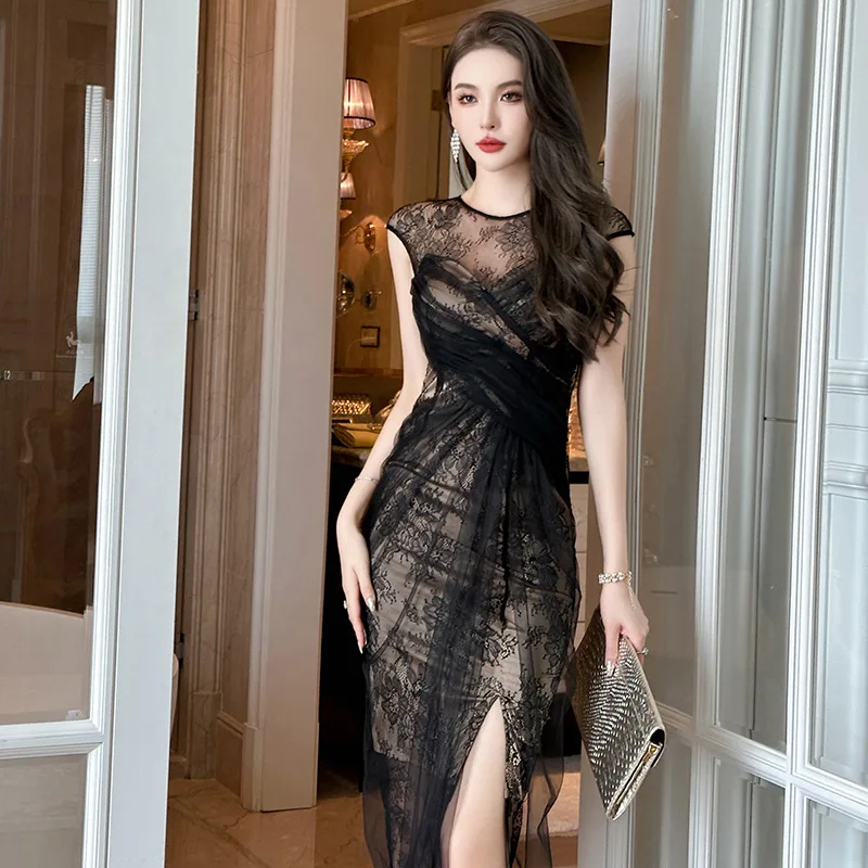 

Design hip lace long skirt summer new ladies round neck slim mesh open dress