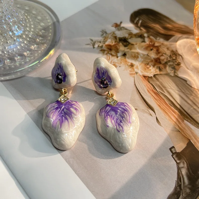 Vintage Hand Painted Enamel Drop Earrings Irregular Abstract Purple Texture Dangles Inlaid Rhinestone Chic Unique ArtisticDesign