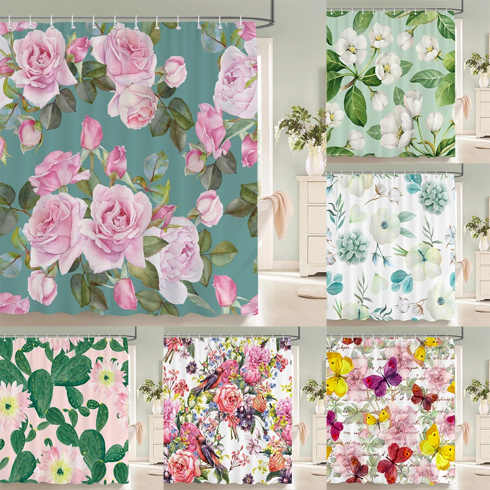 

Beautiful Big Pink flowers printing shower curtain polyester waterproof bathroom curtain with hook door curtain home decoration