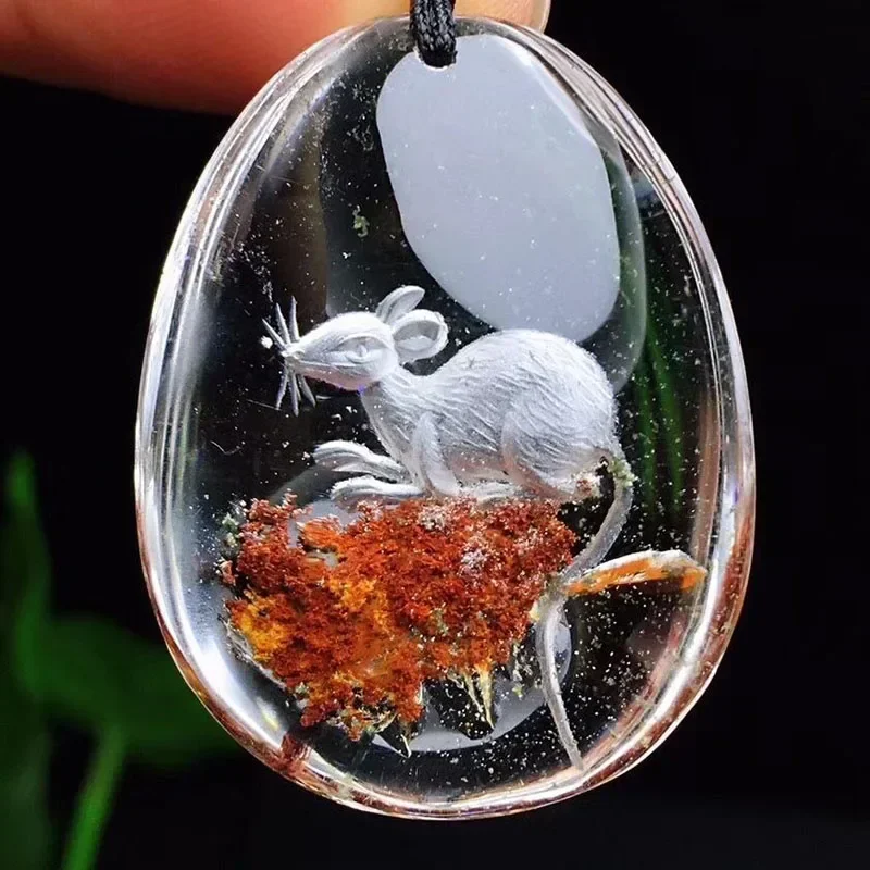 

Flower Natural Ghost Crystal Pendant Hand Carved Mouse Sweater Chain Necklace Lucky for Women Men Chinese Zodiac Crystal Jewelry