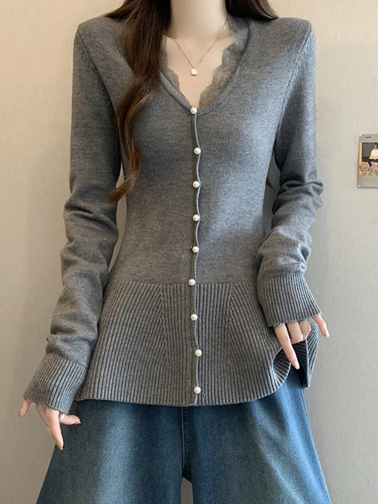 

plus Size Lace Trim Long Sve Knitted Sweater Women's Autumn Winter Faion Slimming Base Layer Top Casual Sle V-Ne