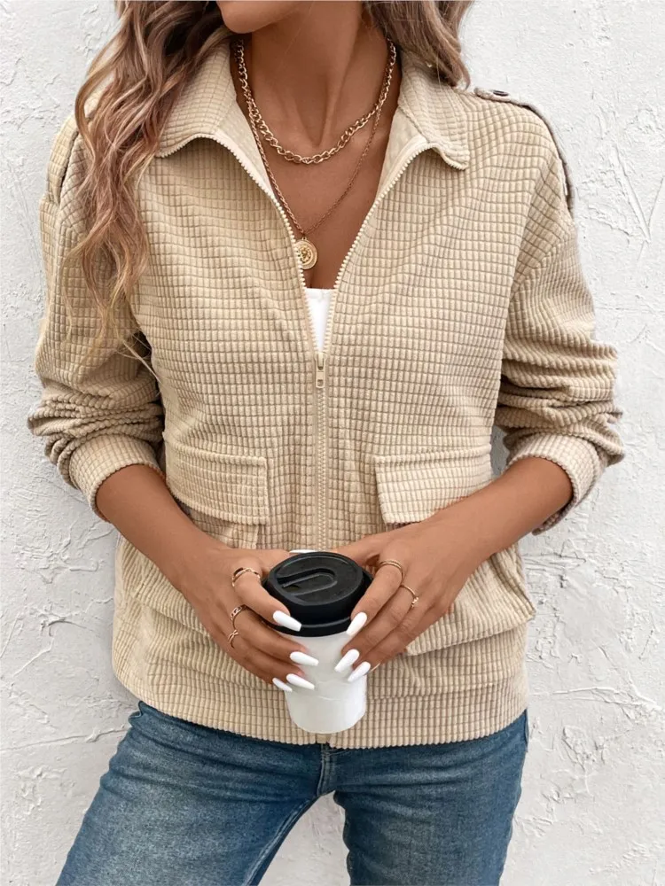 

Women's Clothing Loose Pocket Zipper Lapel Solid Color Jacket All-match Loose Simple Style Outerwears Casual Trendy Commuting