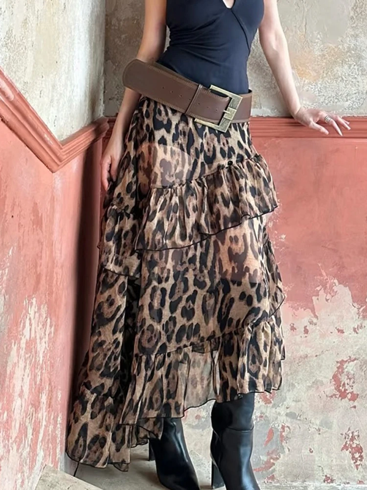 

Summer Ruched Tierred Long Skirt Women Leopard Print High Waist Stretch Bottoms Spicy Girls Fashion Trend Wild Streetwear