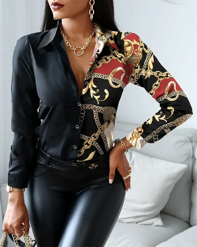 Women Lapel Collar Long Sleeve Tops Multi Pattern Print Front Button Casual Shirts