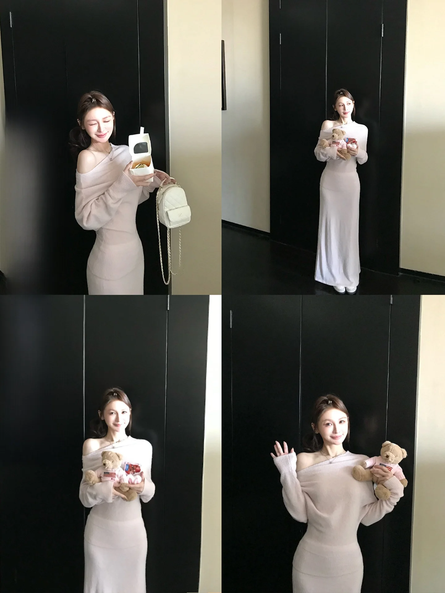 

Skk Store Early Spring Woolen Yarn Soft Fluffy Aosphere One oulder Knitted Sweater Set Simple Sle Long Sve Long Body