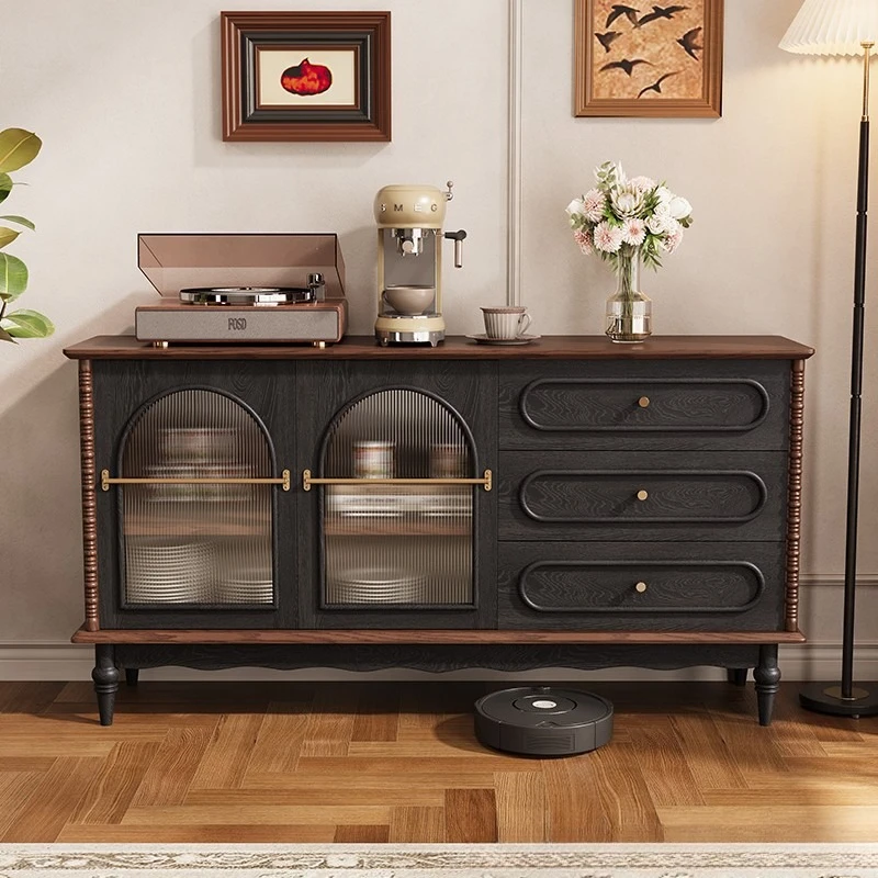 Black solid wood dining side cabinet, kitchen integrated storage cabinet against the wall, glass door, antique living