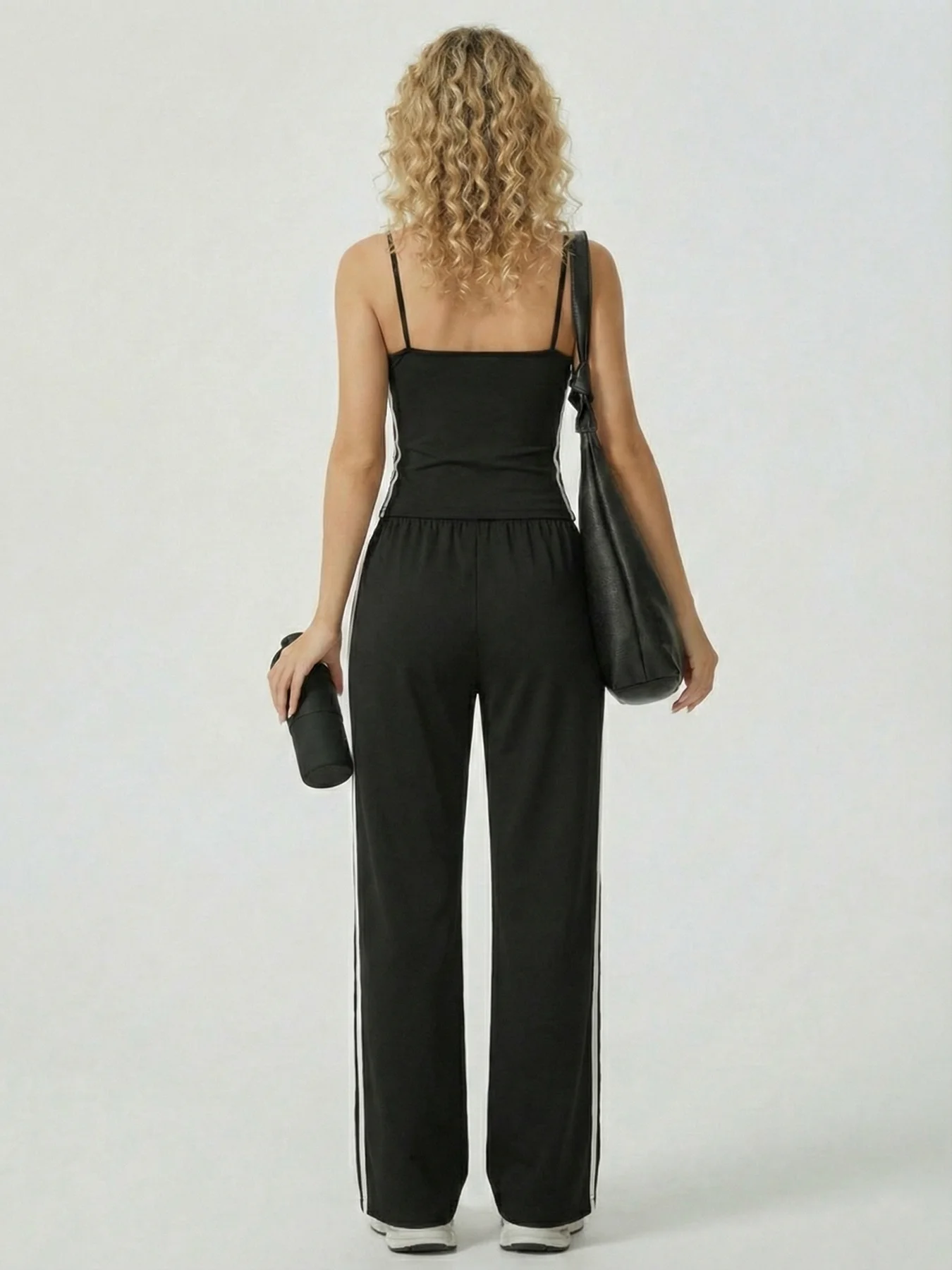 Spring Summer Thin Strap Side White Stripe Wide Leg Pants Set Sweet Cool Sporty Style Slim Fit Two Piece Set Casual Streetwear V