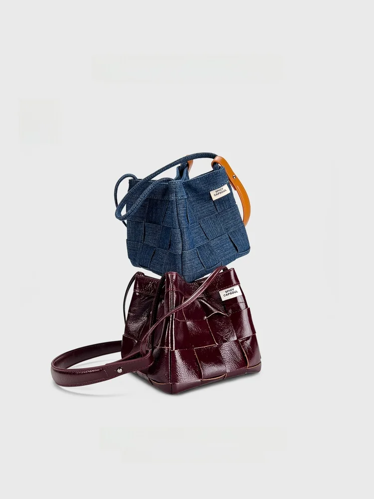 

Handwoven Denim Top Layer Cowhide Single Shoulder Basket Bag Rosy SCS Original Design Ladies Tote Bag Magnetic Closure Cotton...
