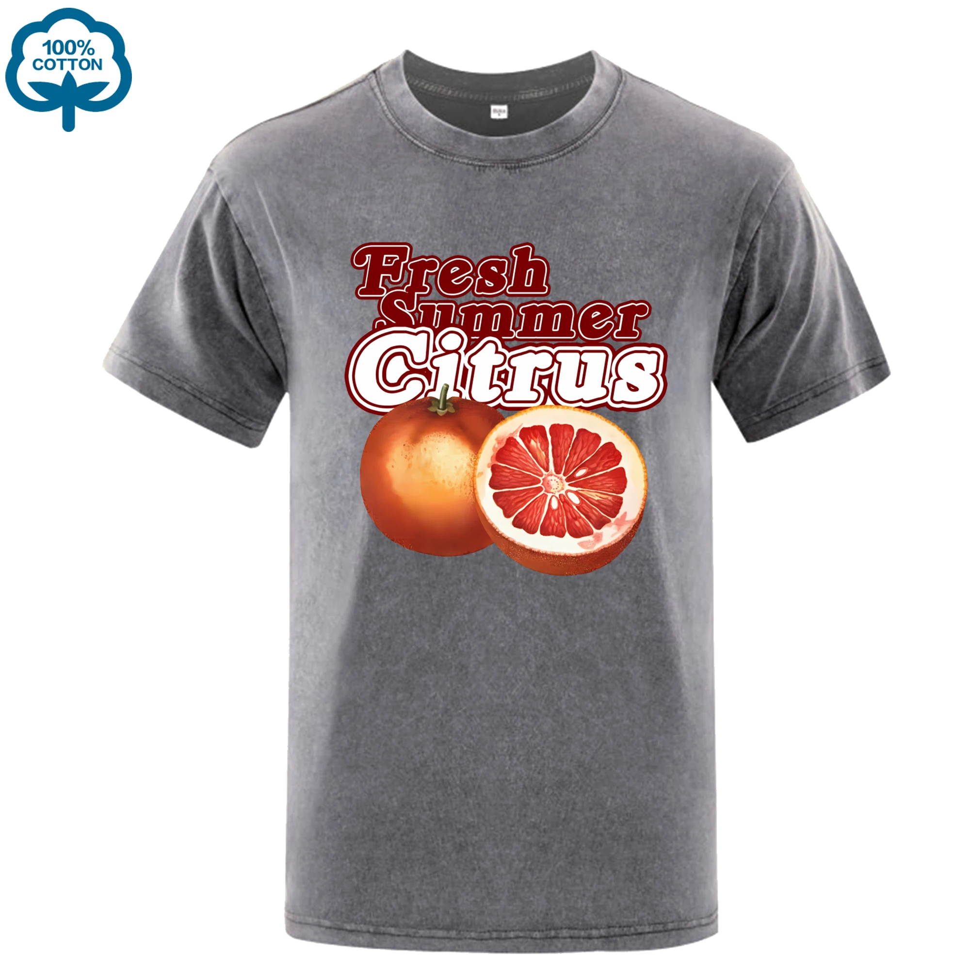 

Fresh Summer Citrus Orange Pattern Washed Male Tee Shirts Casual Cotton Clothes Hip Hop All-Match Top Crewneck Loose T-Shirt