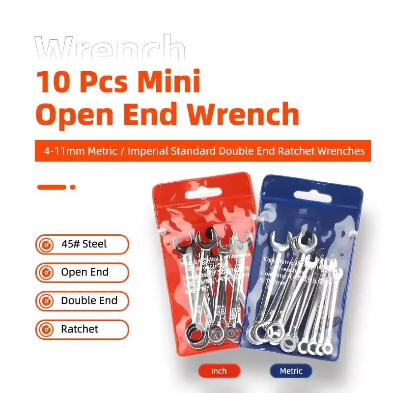 45 #   Conjunto de 10 Chaves Miniatura de Aço 4-11mm Métricas/Imperiais com Catraca de Dupla Extremidade e Chave Combinada de Boca Aberta – Ferramentas Miniatura Duráveis
