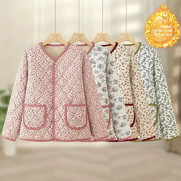 سترة قطنية زهرية جديدة لعام 2025، قصيرة ومبطنة، ملابس خريفية وشتوية للنساء في منتصف العمر، أسلوب عصري للأمهات مبطن بالصوف