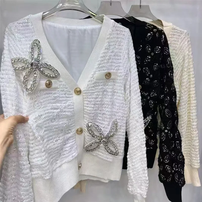 

New Fashion Heavy Crochet V-Neck Single-Breasted Floral Cardigan Design Versatile Loose Long Sleeve Top For Women Trendy