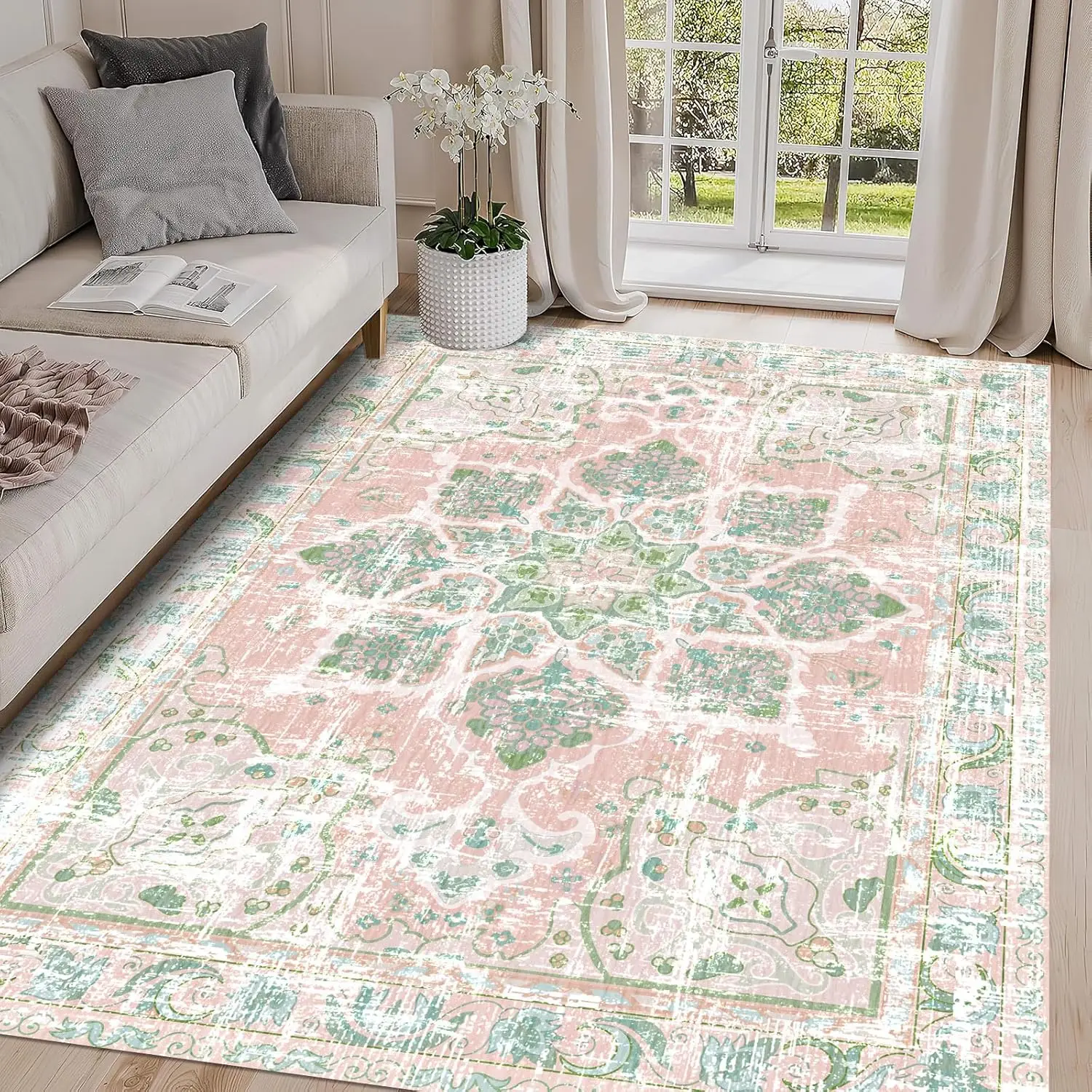 Area Rugs Vintage Washable Neutral Modern Dusty Pink and Green Non Slip Carpet for Nursery Living Room Dining Bedroom Farmhouse