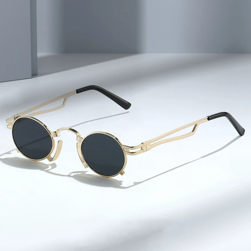 SO i EI Retro małe owalne okulary przeciwsłoneczne moda damska unikalne metalowe oprawki odcienie UV400 mężczyźni Punk czerwone żółte okulary przeciwsłoneczne — zdjęcie 3