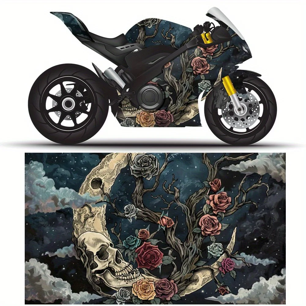 Dark Fantasy Skull and Rose Moon Motorcycle Stickers, Durable Car Vinyl Wraps Suitable for Most Vehicles, Car Body Sticker Decor