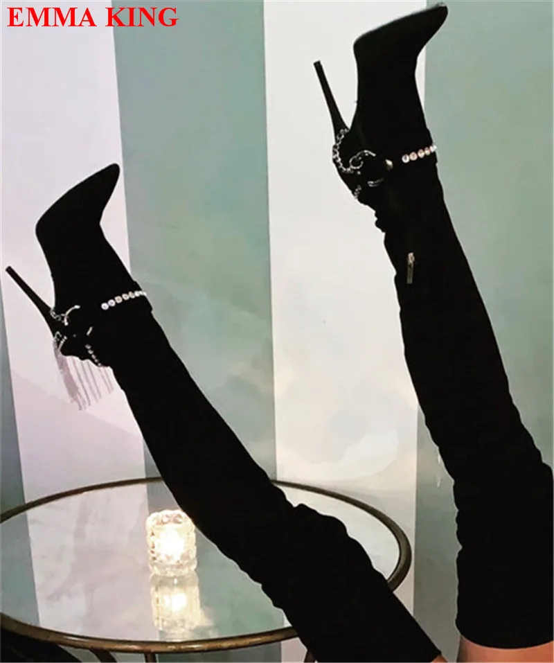 

Women's Fashion Rhinestone Fringe Strap Thigh High Boots Women Designer Female Chain Black Over The Knee Boots High Heels Shoes