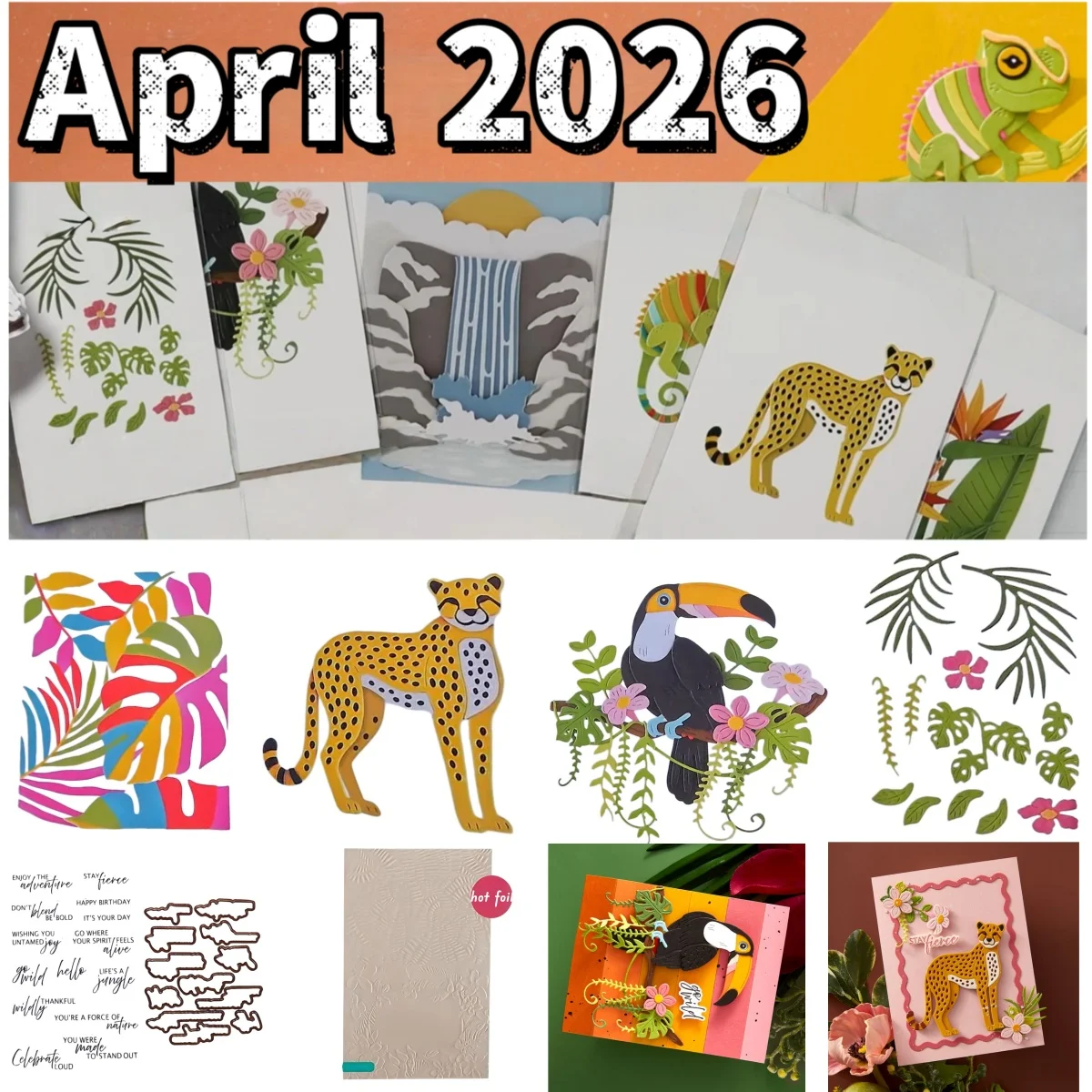 

April 2026 Rainforest Falls Toucan Jungle Cat Metal Cutting Die Clear Stamps Stencil Hot Foil for DIY Making Gift Card Scrapbook