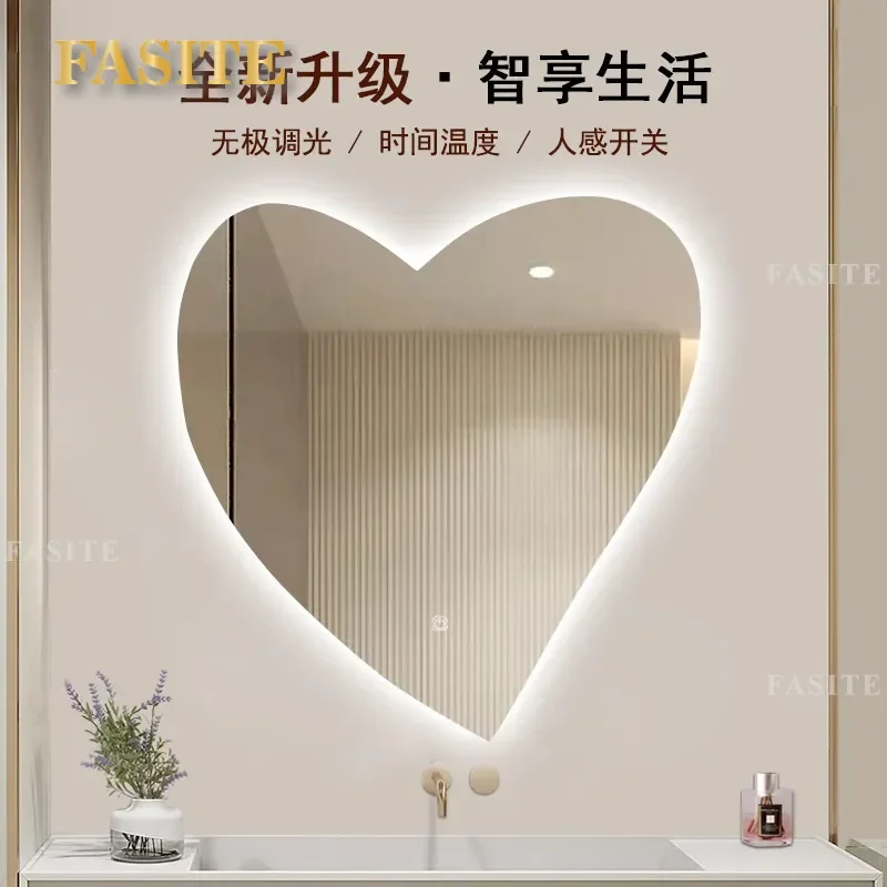 For Ultra White Glass Ins Style Cartoon Peach Heart Bathroom Washbasin Wall Mounted LED Fill Light Makeup Mirror with Touch