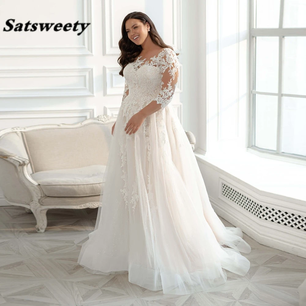 Eleagnt Wedding Dress Plus Size 3/4 Sleeves Glitter Tulle Lace Applique Vestido De Noiva Bride Dresses Big Size Women Modest New