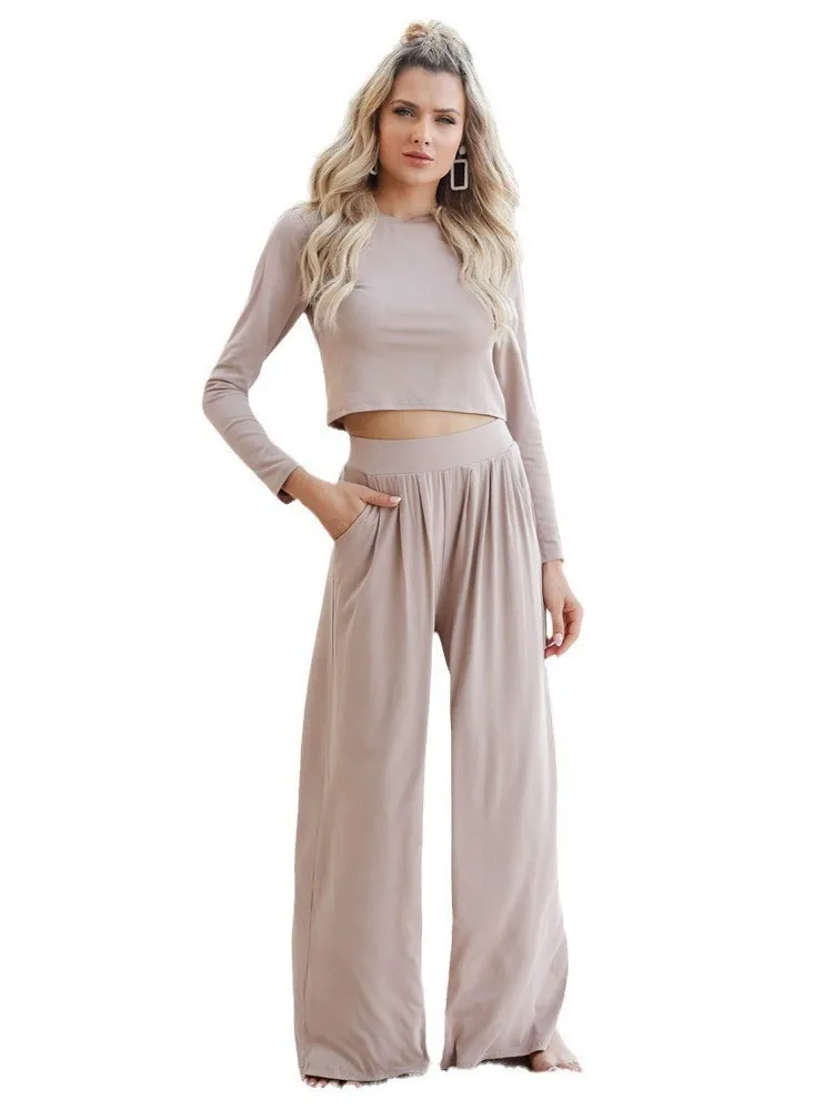 2024 Plus Size New Women\'s Wide Leg Long Pants Set Solid Color Long Sleeved Casual Temperament Two-piece Set For Women