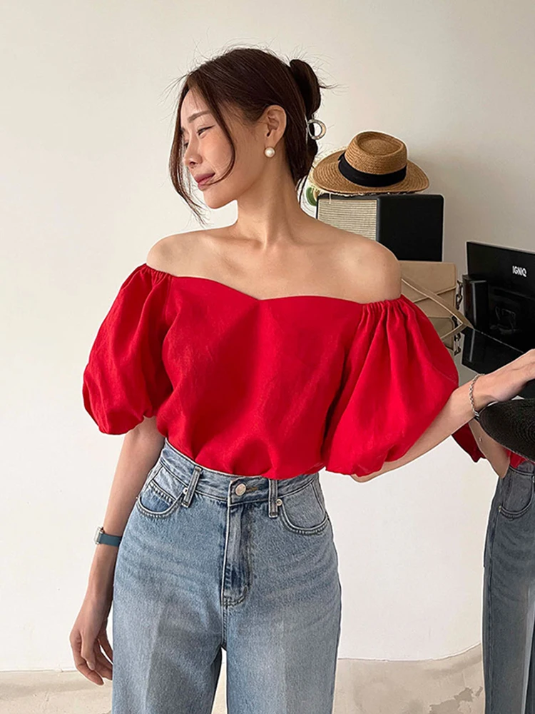 Two-Way Wear oulder Bared Bubble Sve irt Women's Faion Korean Sle Commute Straight Cut ort Sve Pure Color Top