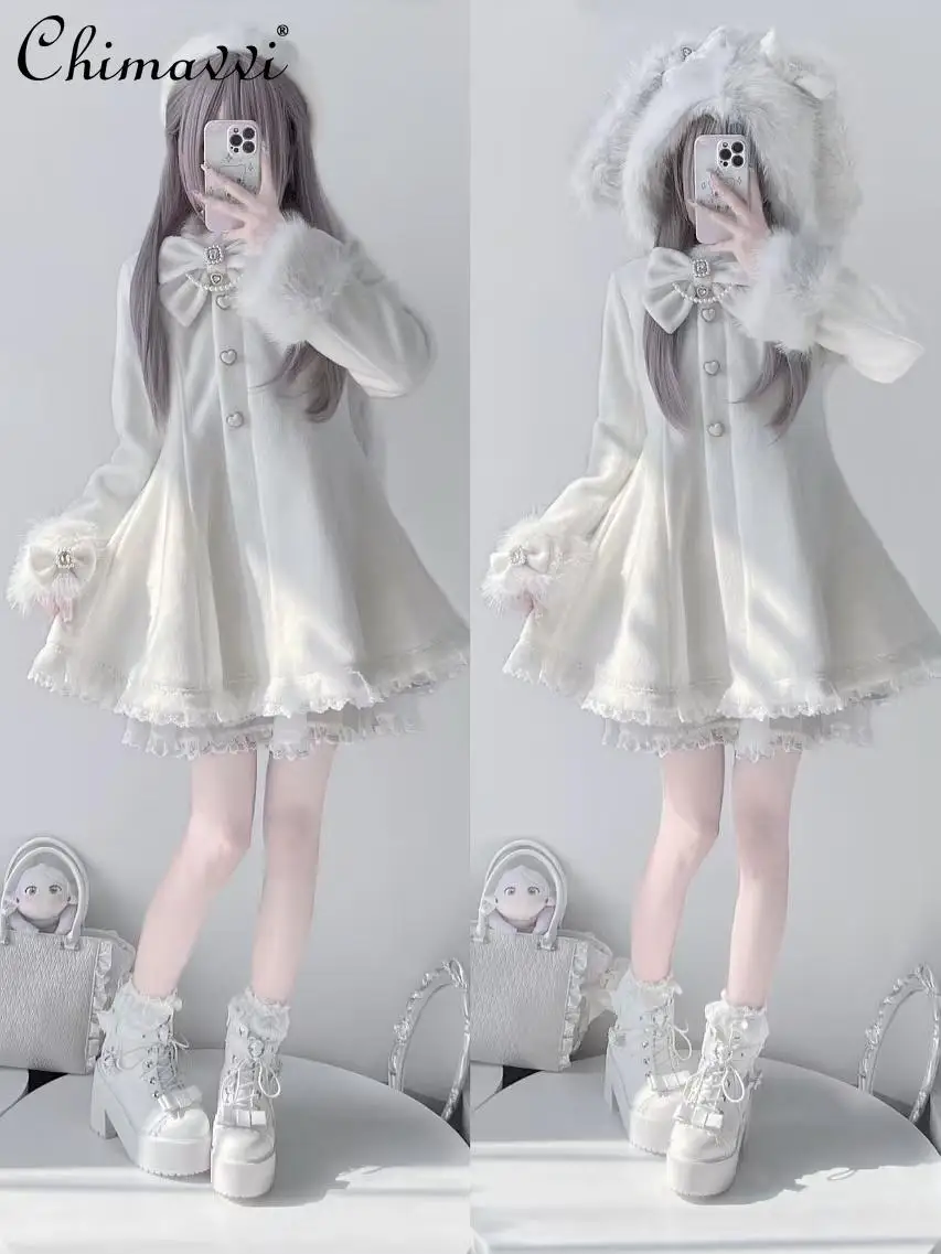 Japanese Mine Series Mass-produced Plush Ear Rabbit Bow Lace Wool-blend Coat Winter New Lolita Slim-fit Temperament Girls Coat