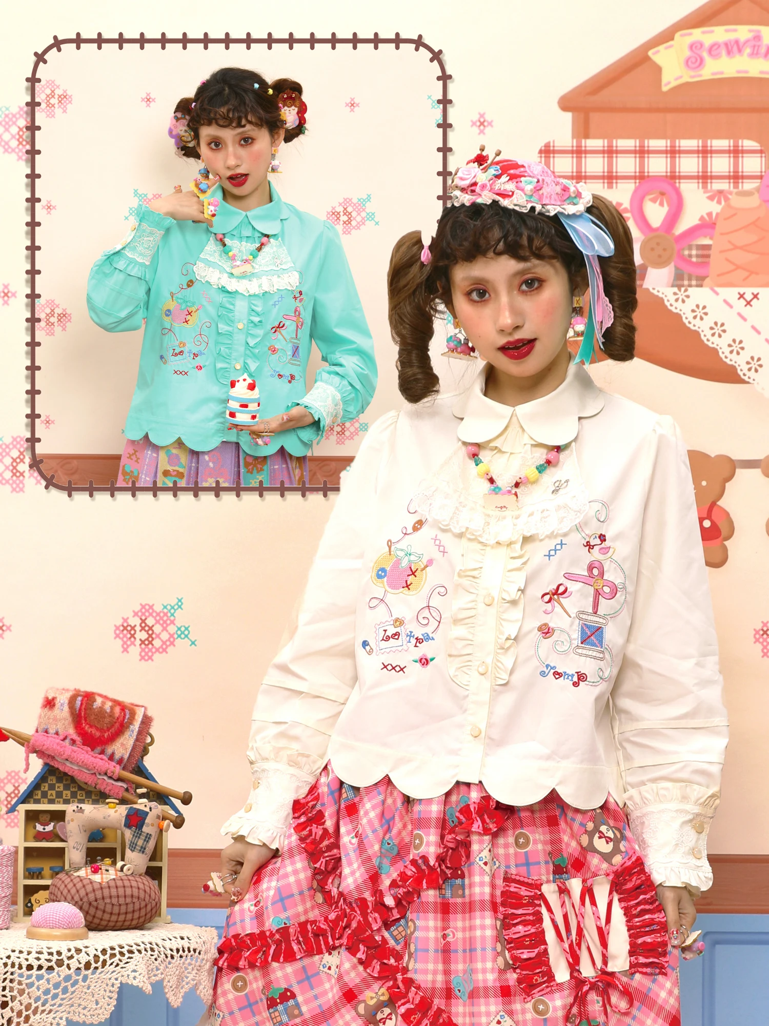 

LutraJump Vintage Sle Embroidered Collar irt Versatile Double Color Long Sve Women's Faion irt for All Seasons