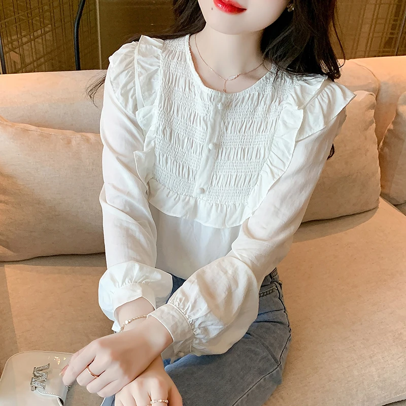 MadBlack-Damen-europäisches Hemd, sexy O-Ausschnitt, Rüschen, Patchwork, modische, langärmlige, lockere S-2XL-Bluse, 2026 Frühjahrsneuheit T5D810CC