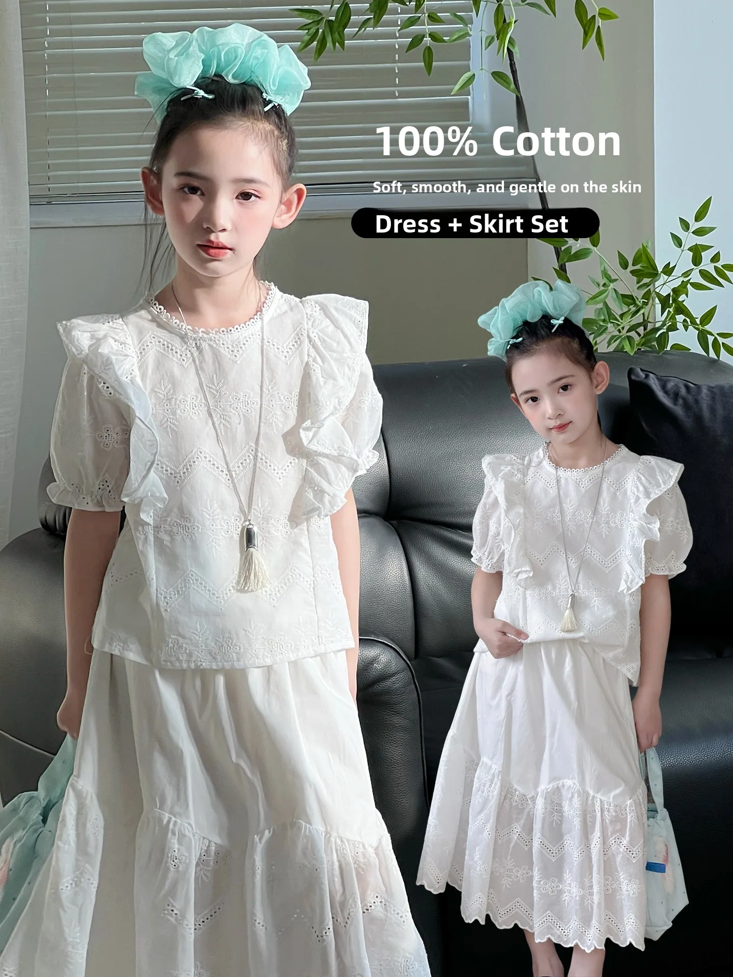 girls-summer-casual-ort-sve-skirt-set-children's-faionable-outfit-mid-term-large-children's-top-and-skirt-ensemble