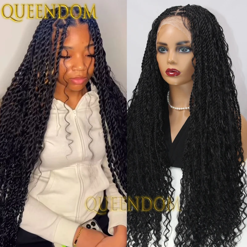 Synthetic 32 Inch Bohemian Braid Wig Knotless Faux Locs Island Twist Braids Wig with Curly End Full Lace Box Braided Goddess Wig