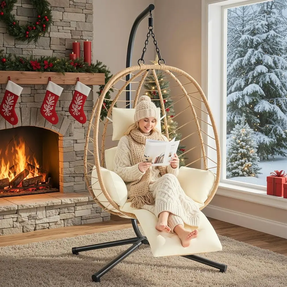 

Кресло-кокон с регулируемой подставкой для ног и стойкой, плетеное кресло-гамак из ротанга с подушкой и двойными цепями, грузоподъемность 350 фунтов