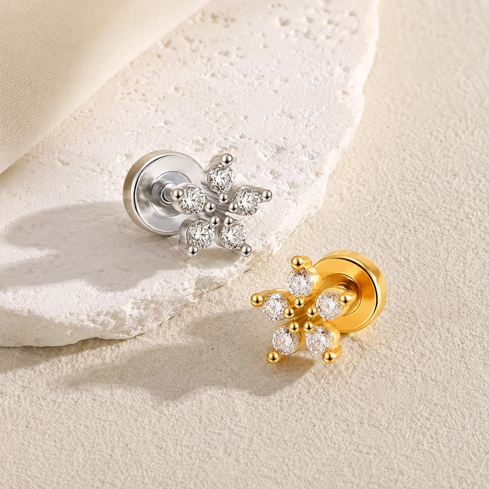 1PC Zircon Flower Stainless Steel Cartilage Stud Earrings for Women Gold Plated Daily Stackable Piercing Jewelry Anti Allergic