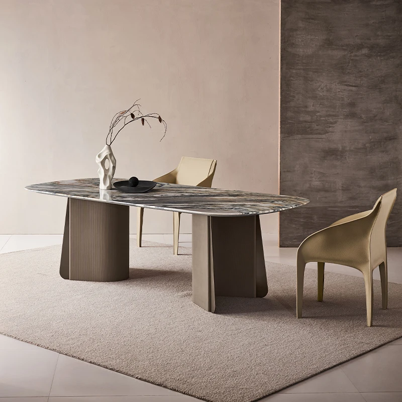 Italian minimalist marble dining table 2023 new designer high-end saddle leather oval shape