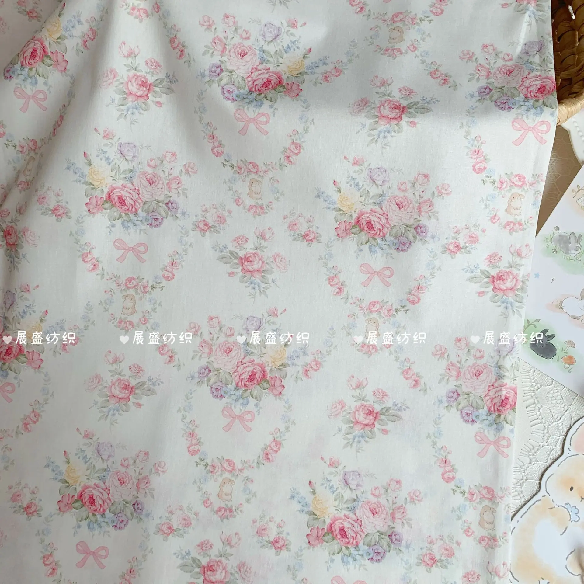 145x50cm 40s Cotton Printed Fabric Ins Retro Cute Floral Rabbit DIY Clothes Hair Accessories Bags Hair Ties Sewing Cloth