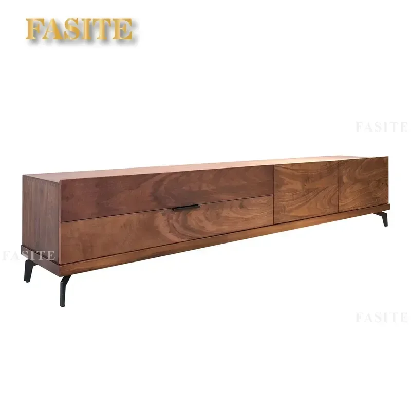 For North American Black Walnut TV Cabinet  Solid Wood Media Console with Drawers Wrought Iron Legs Floating