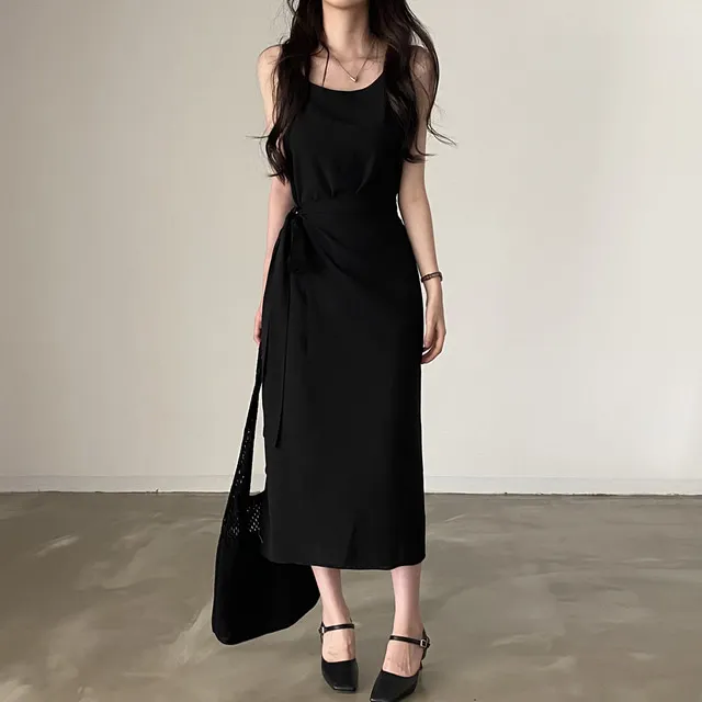 

Summer Elegant round Neck Belted Slimming Sleeveless Long Black Dress Women's Fashion Korean Style Spring Autumn Winter Dress