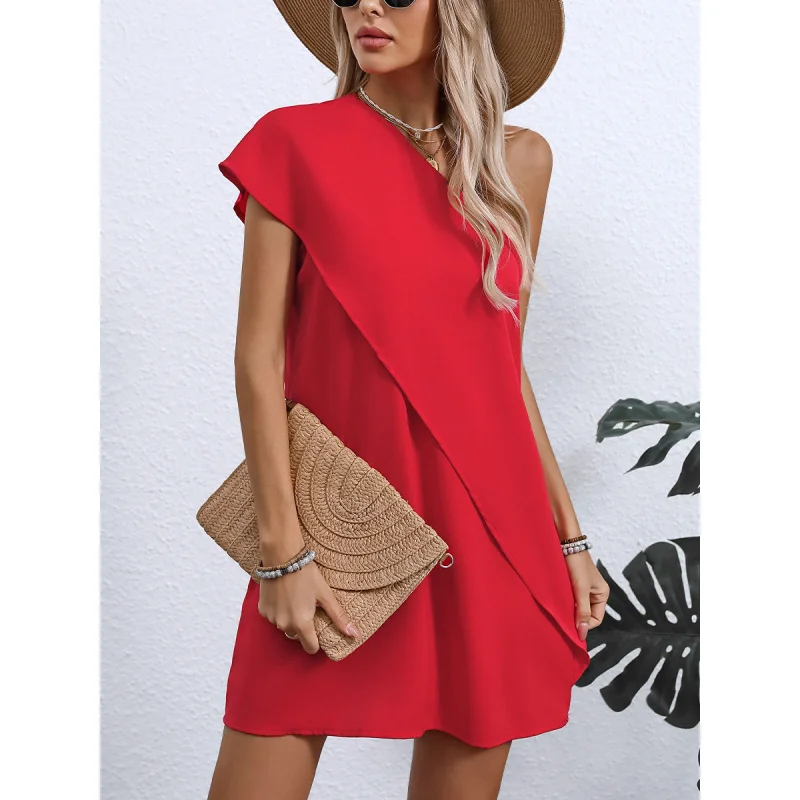 2026 New Solid One Shoulder Ruffle Mini Dress Asymmetrical Sleeveless Loose Shift Casual Party Cocktail Dresses