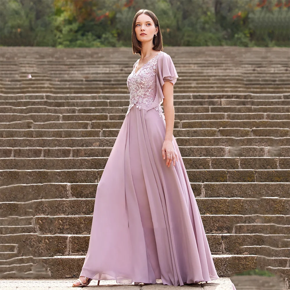 

Women's V-neck Short Sleeves with Fashion Appliques Evening Dresses A-line Floor Length Pleat Chiffon Back Zipper Prom Gowns