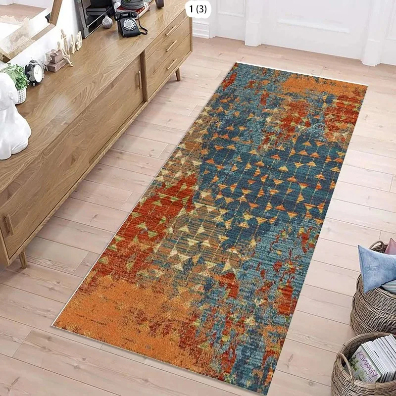 Modern Abstract Geometric Hallway Runner Rug Blue and Orange Distressed Area Carpet for Living Room Kitchen Non-Slip