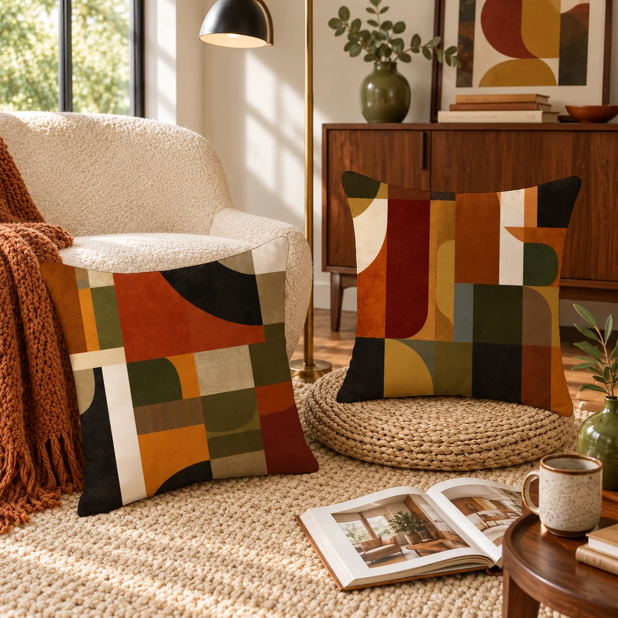 1/4PCS Mid Century Modern Abstract Geometric Cushion Cover Short Plush Double-Sided Print Throw Pillow Cover for Sofa Home Decor