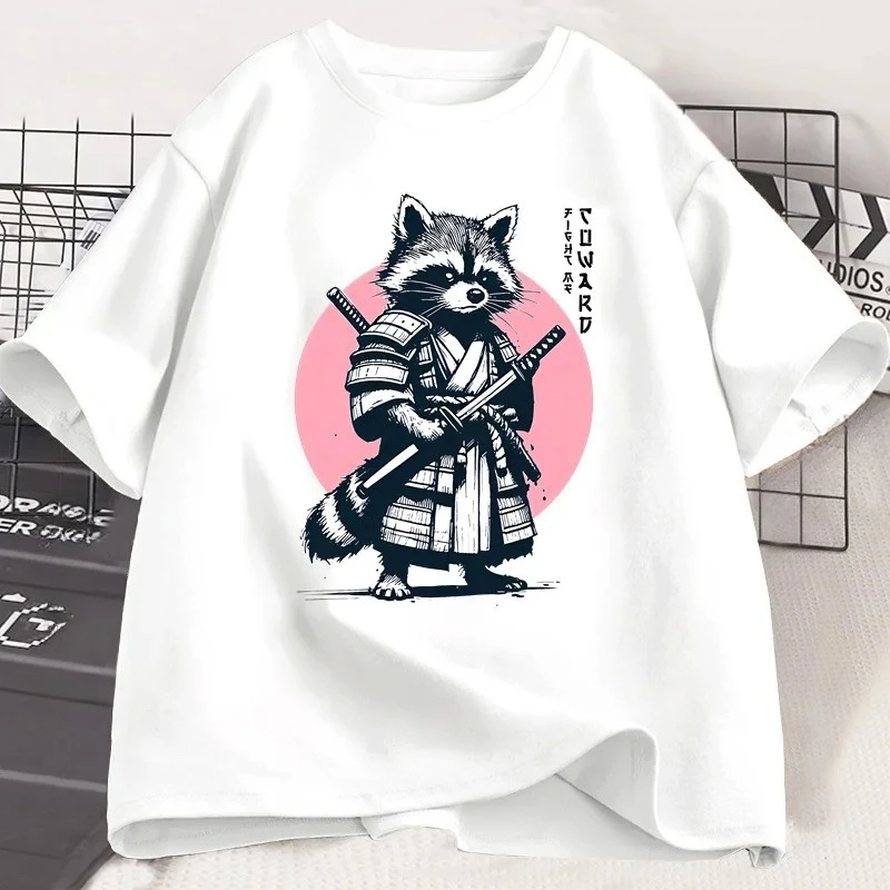 Fight Me Coward Vintage Samurai Raccoon T Shirt Japanese Cat Funny Graphic T-shirt Short Sleeve O Neck Tees Women Clothing Y2K