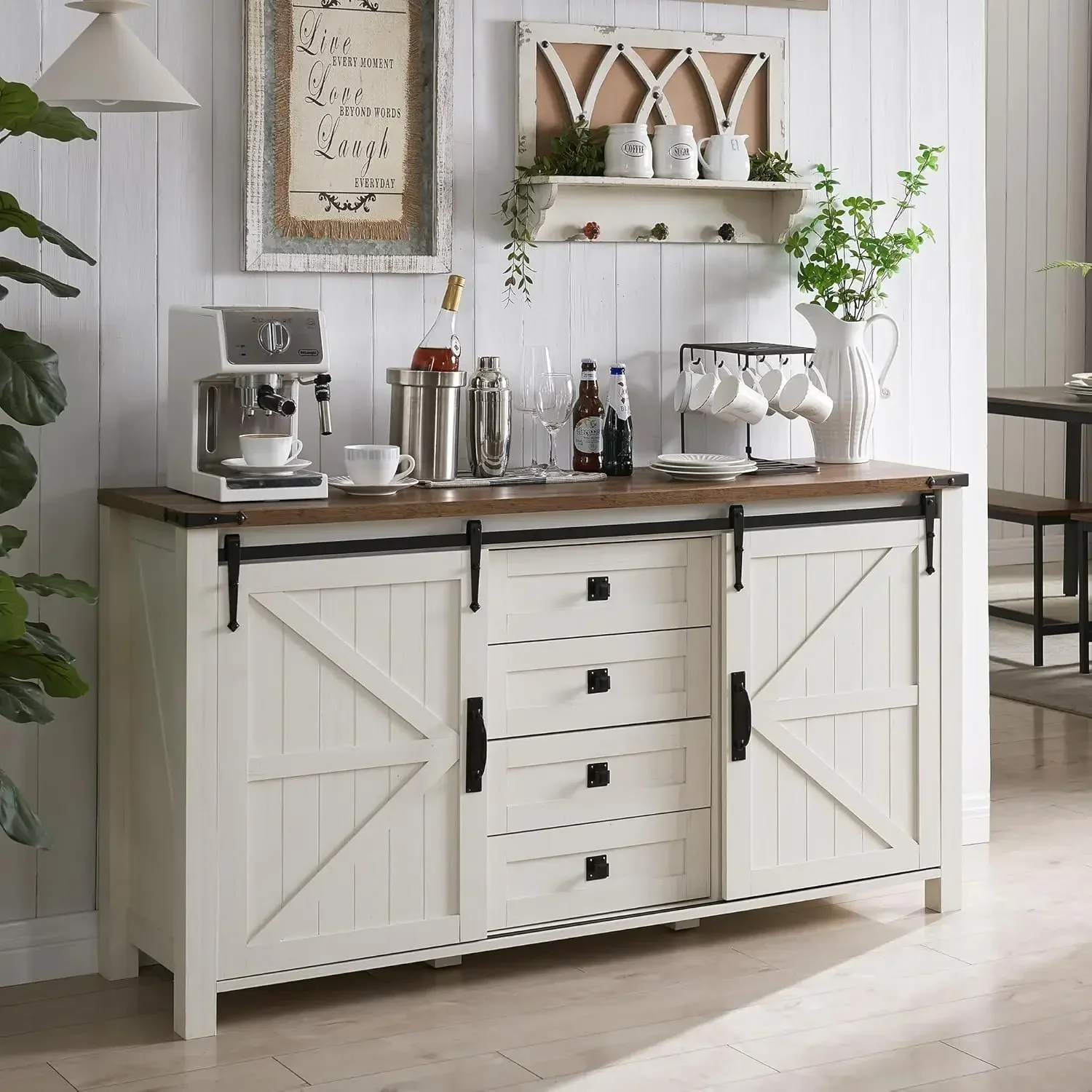 Farmhouse Sideboard Buffet Cabinet with Storage, Grande armário de cozinha, portas de celeiro deslizantes, 4 gavetas, 31,2 em madeira alta, 60 in