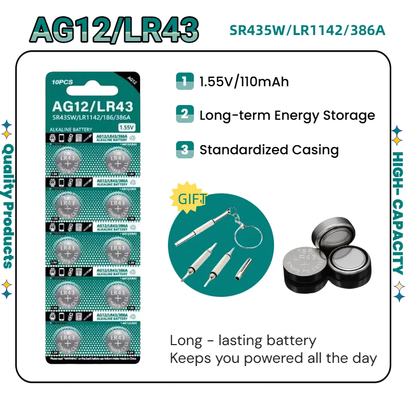 top2-100PCS 1.55V AG12 LR43 110mAh Lithium Button Cell SR43 386 LR1142 V12GA AG12 SR43W SR1142 Coin Cell Watch Toys Remote Batte