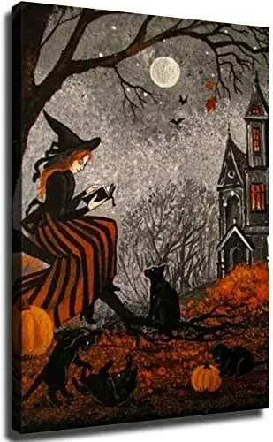 Halloween Witch Black Cat Vintage Style Folk On Canvas Oil Painting And Prints Decorations Wall Art Picture Living Room Wall