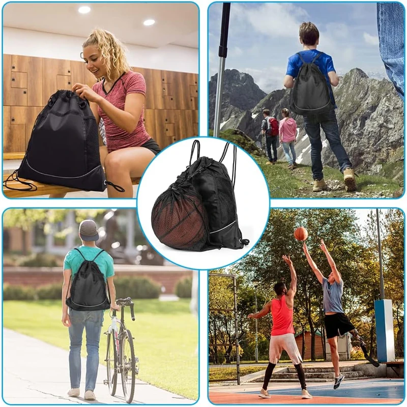 Mochila de baloncesto portátil, bolso de hombro multifuncional con cordón para deportes al aire libre, fútbol, voleibol, bolsa de malla de