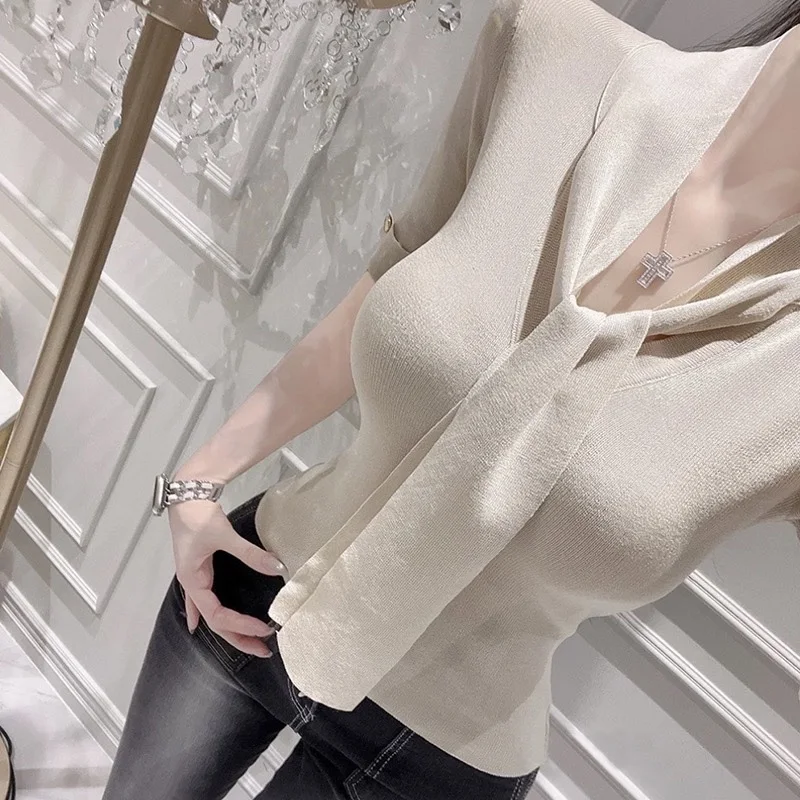 

Sexy Slim Fit Short Sleeve Knitted Shirt Women's Top Dongda Gate New Korean Style V-Neck Bow Tie Pure Color Commute Style