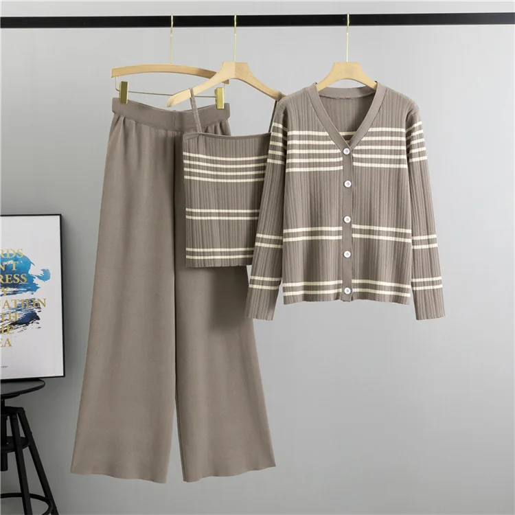 Muslim Women 3 Piece Sets Cardigan Stripe Camisole Wide Leg Pants Knitting Suit Morocco Arabic Ensemble Knit Outfits Modest