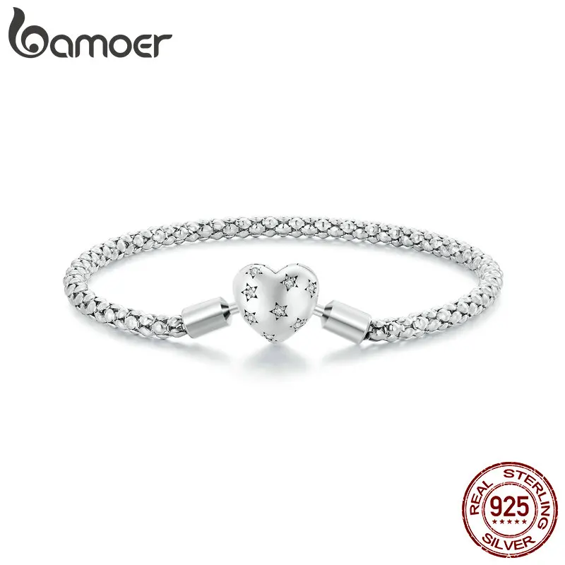 Bamoer 925 스털링 실버 플래티넘 도금 스타버스트 하트 모양 버클, 기본 팔찌, 뱅글, 파인 쥬얼리, 여성용 선물, BSB135