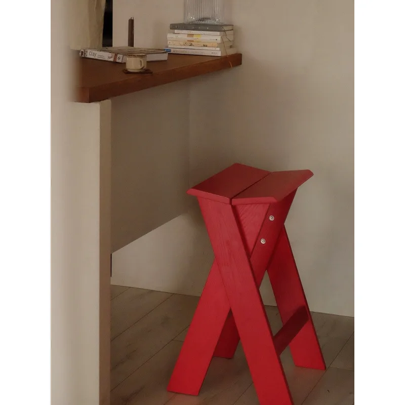 Modern Solid Wood Bar Stool Cafe High Stool Red High Foot Stool Log Bar Stool
